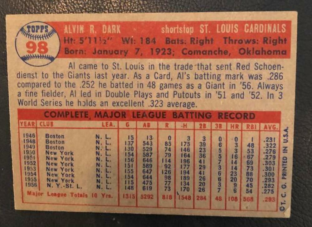 1957 TOPPS AL DARK ST. LOUIS CARDINALS #98 VINTAGE 