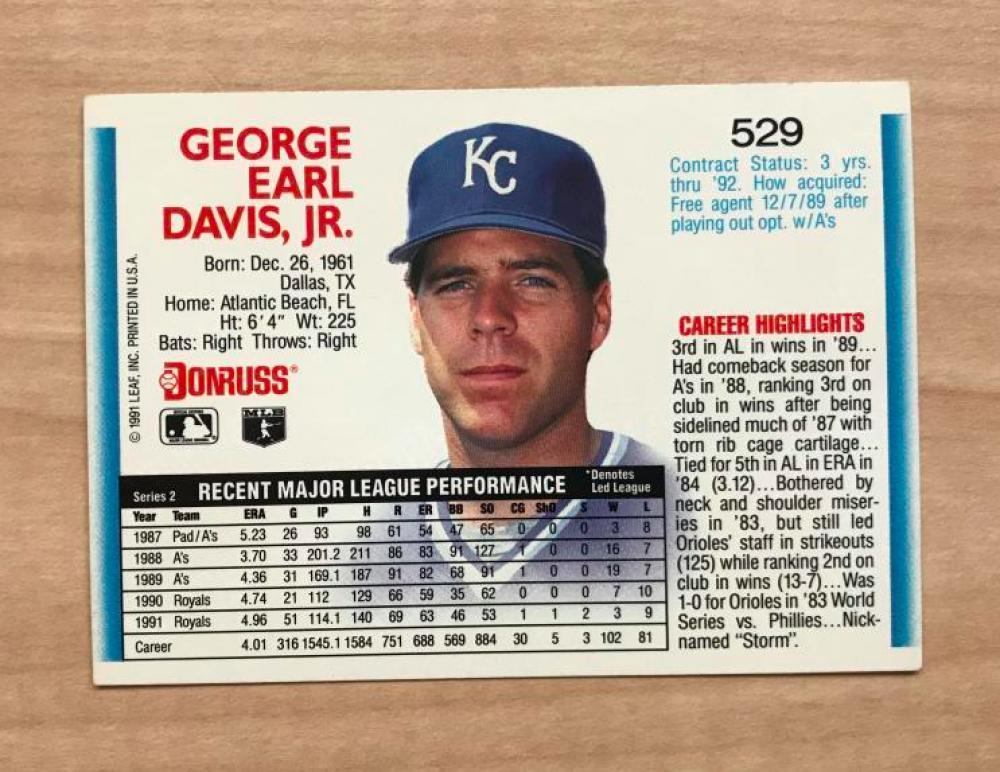 STORM DAVIS KANSAS CITY ROYALS SIGNED AUTOGRAPHED 1992 DONRUSS CARD #529 W/COA 