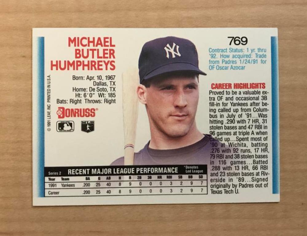 MIKE HUMPHREYS NEW YORK YANKEES SIGNED AUTOGRAPHED 1992 DONRUSS CARD #769 W/COA