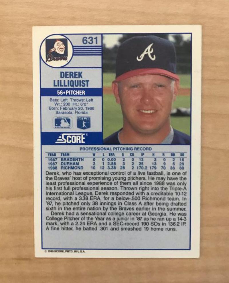 DEREK LILLIQUIST ATLANTA BRAVES SIGNED AUTOGRAPHED 1989 SCORE CARD #631 W/COA