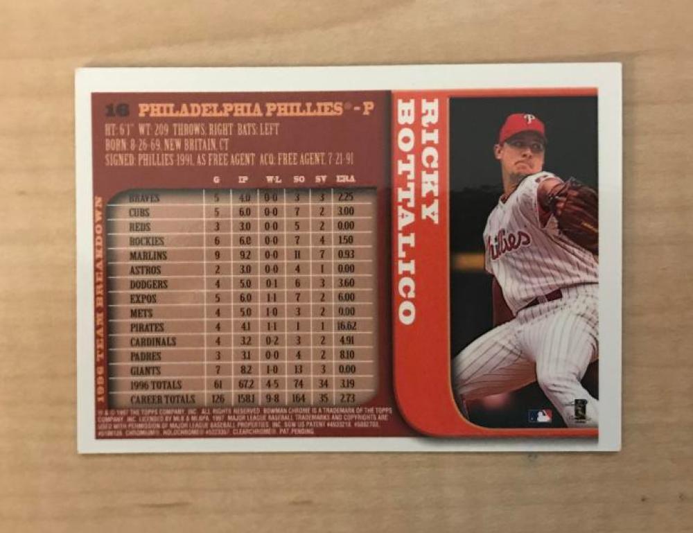 RICKY BOTTALICO PHILADELPHIA PHILLIES SIGNED 1997 BOWMAN CHROME CARD #16 W/COA 