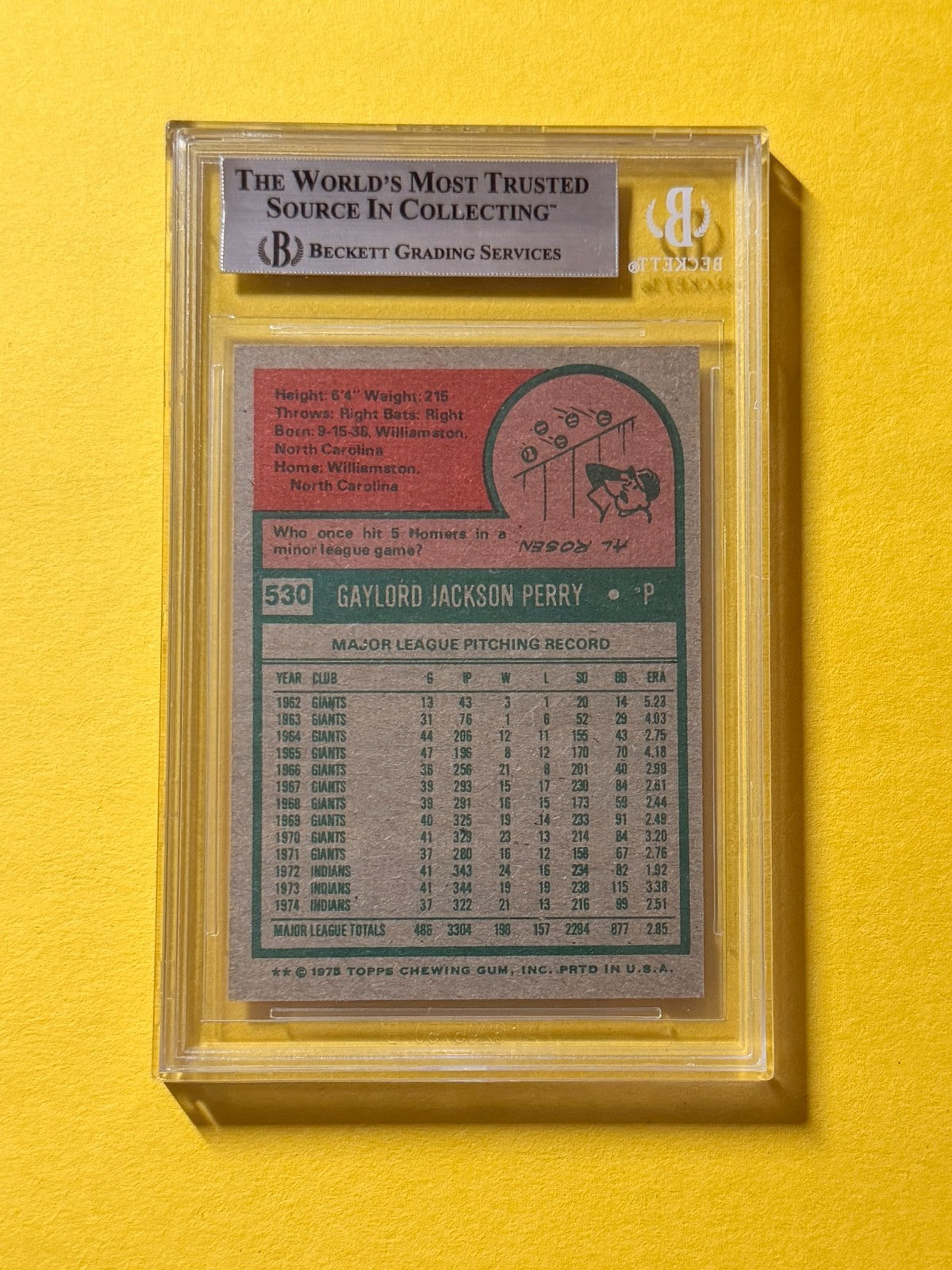 1975 TOPPS GAYLORD PERRY #530 SIGNED AUTO CARD BECKETT AUTHENTIC CLEVELAND
