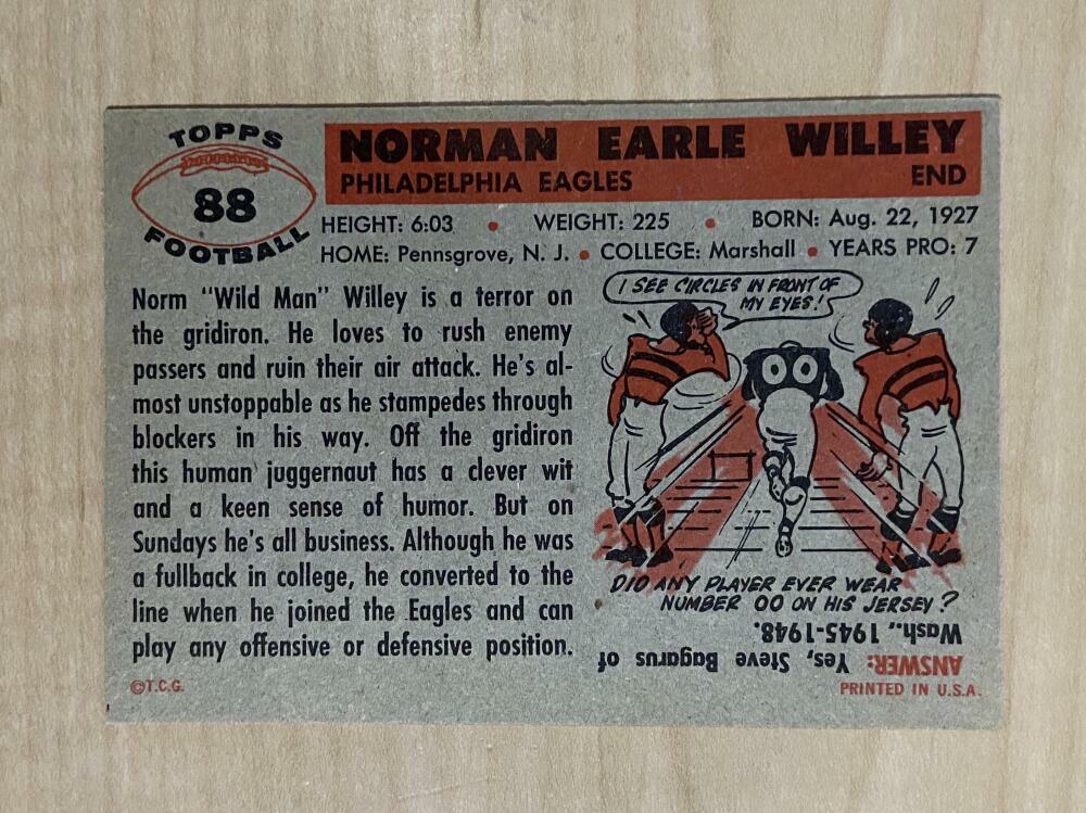 1956 TOPPS NORM WILLEY PHILADELPHIA EAGLES #88 EX 
