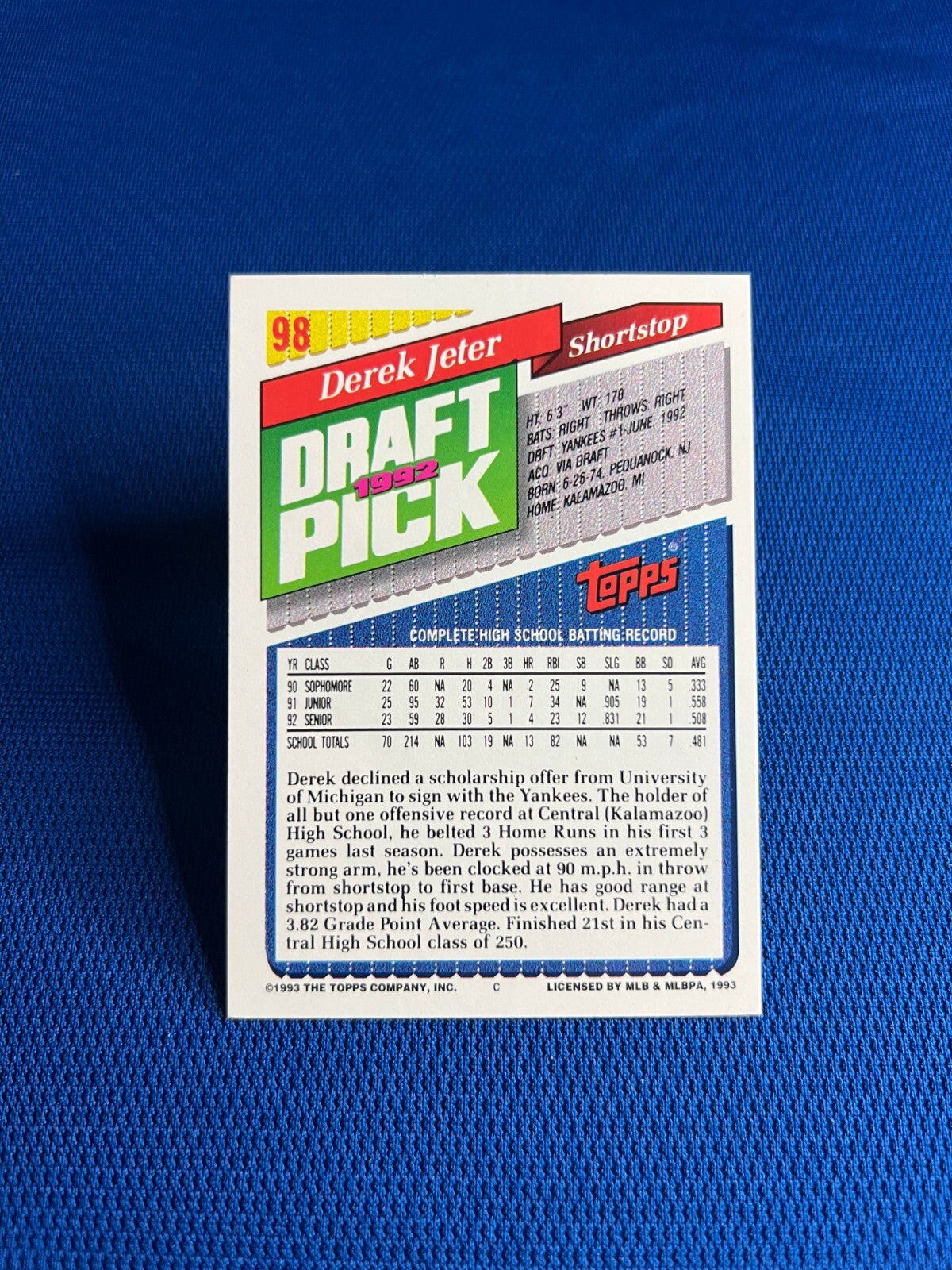 1993 TOPPS GOLD DEREK JETER NEW YORK YANKEES RC ROOKIE CARD #98 RARE