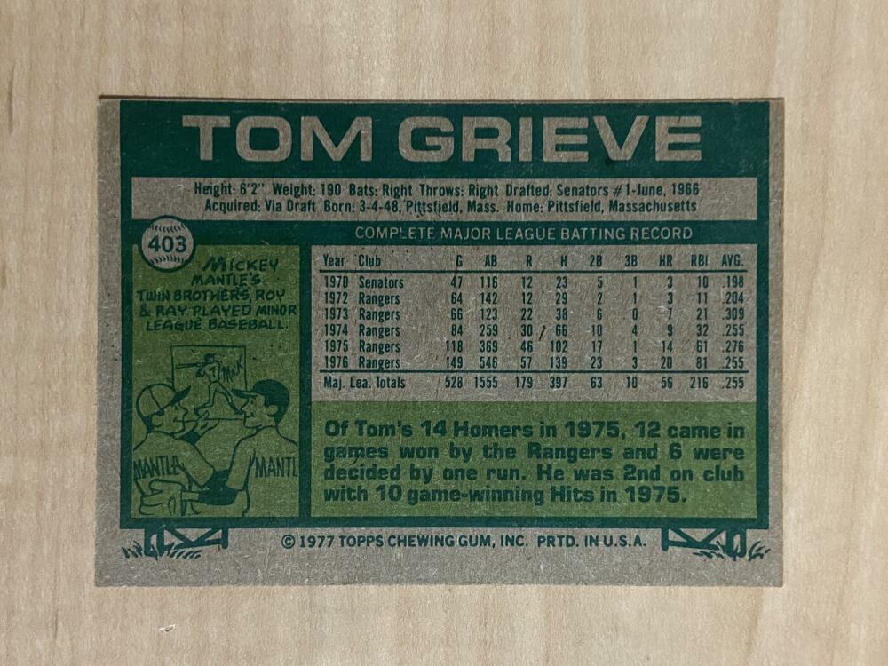 TOM GRIEVE TEXAS RANGERS SIGNED AUTOGRAPHED 1977 TOPPS CARD #403 W/COA
