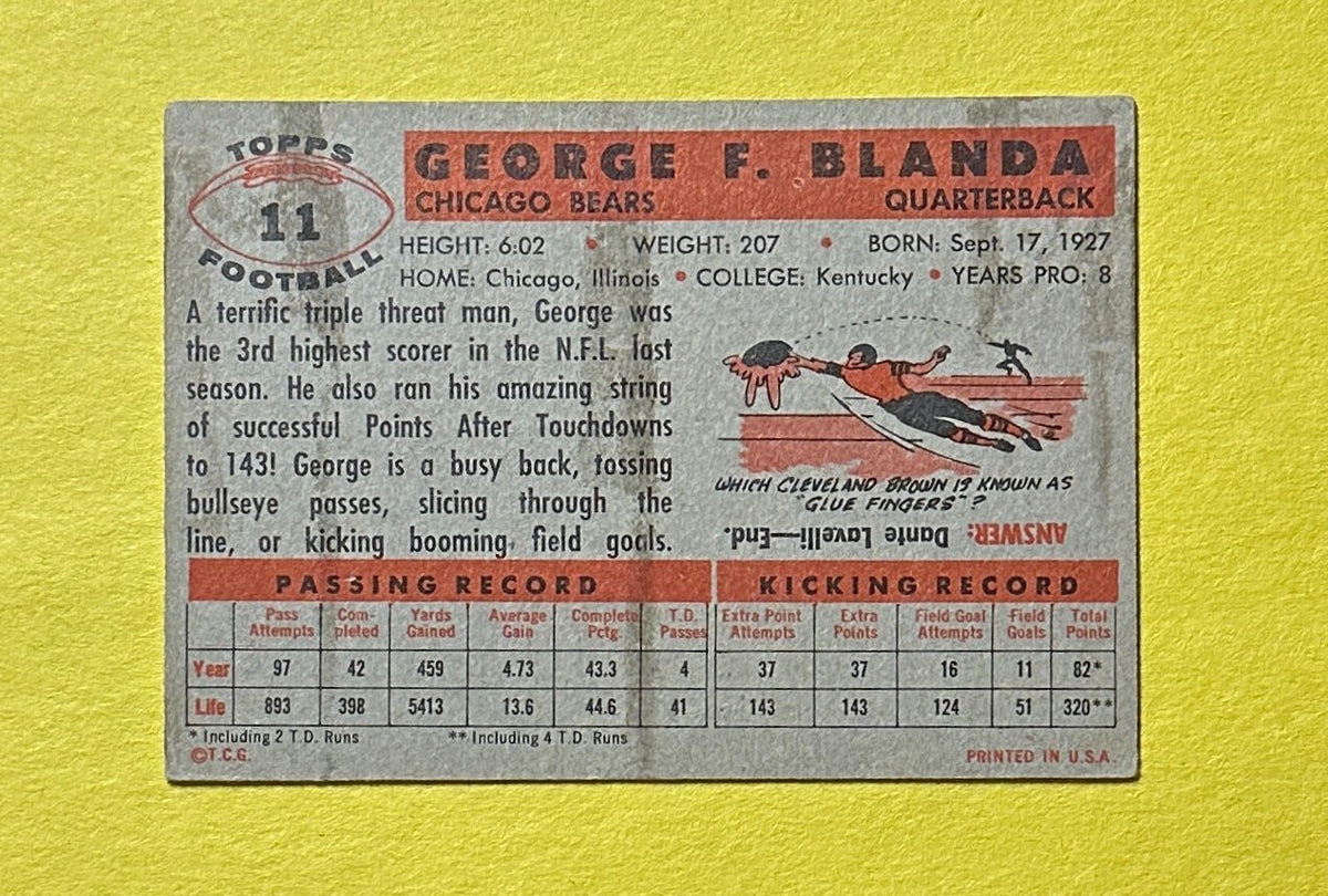 1956 TOPPS GEORGE BLANDA #11 BEARS HOF