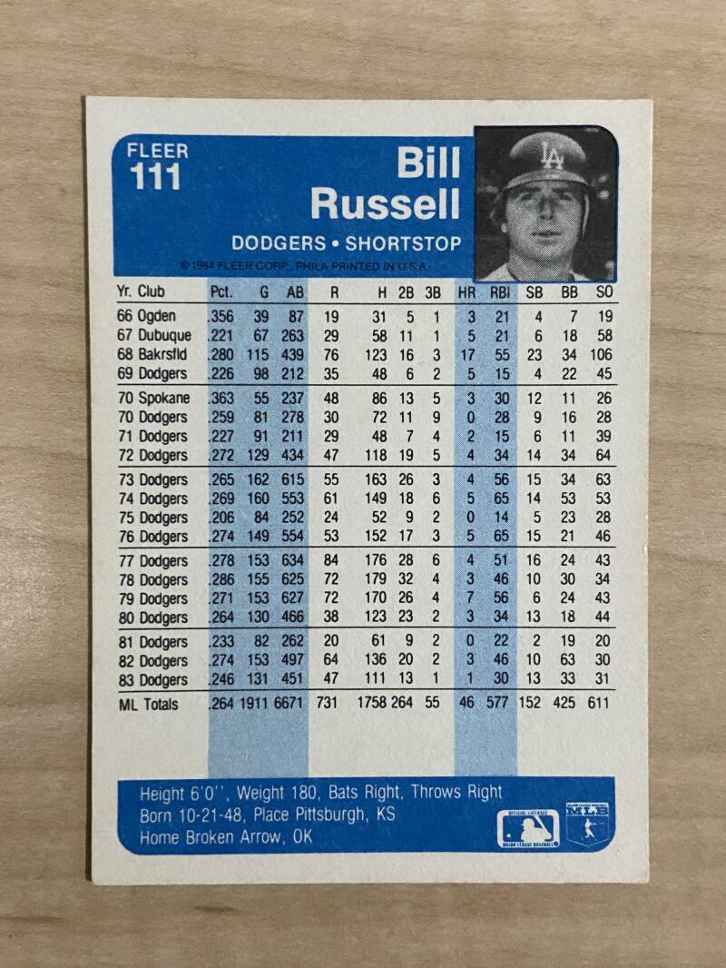 BILL RUSSELL LOS ANGELES DODGERS SIGNED AUTOGRAPHED 1984 FLEER CARD #111 W/COA