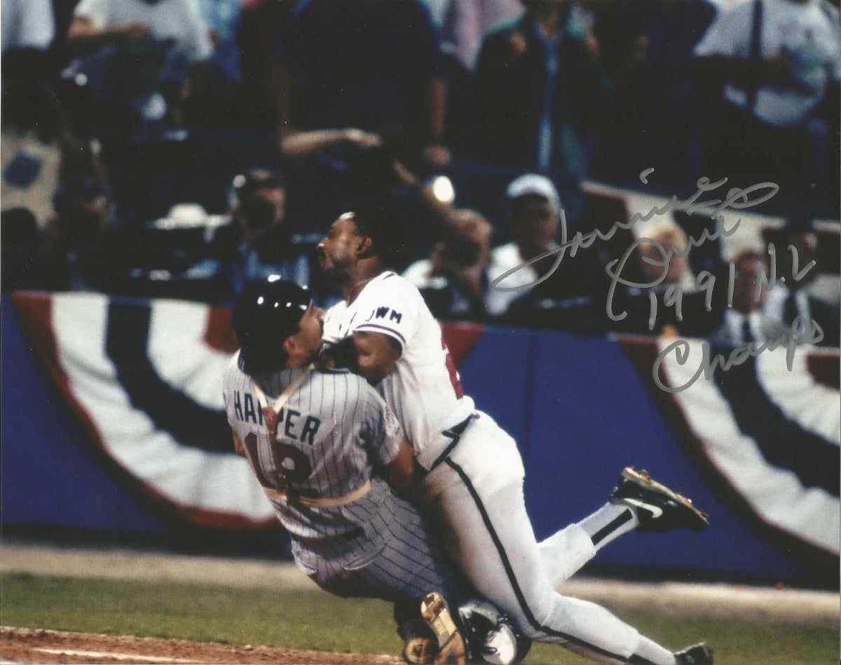 LONNIE SMITH ATL BRAVES 1991 N.L. CHAMPS SIGNED AUTO VS HARPER 8X10 PHOTO W/COA