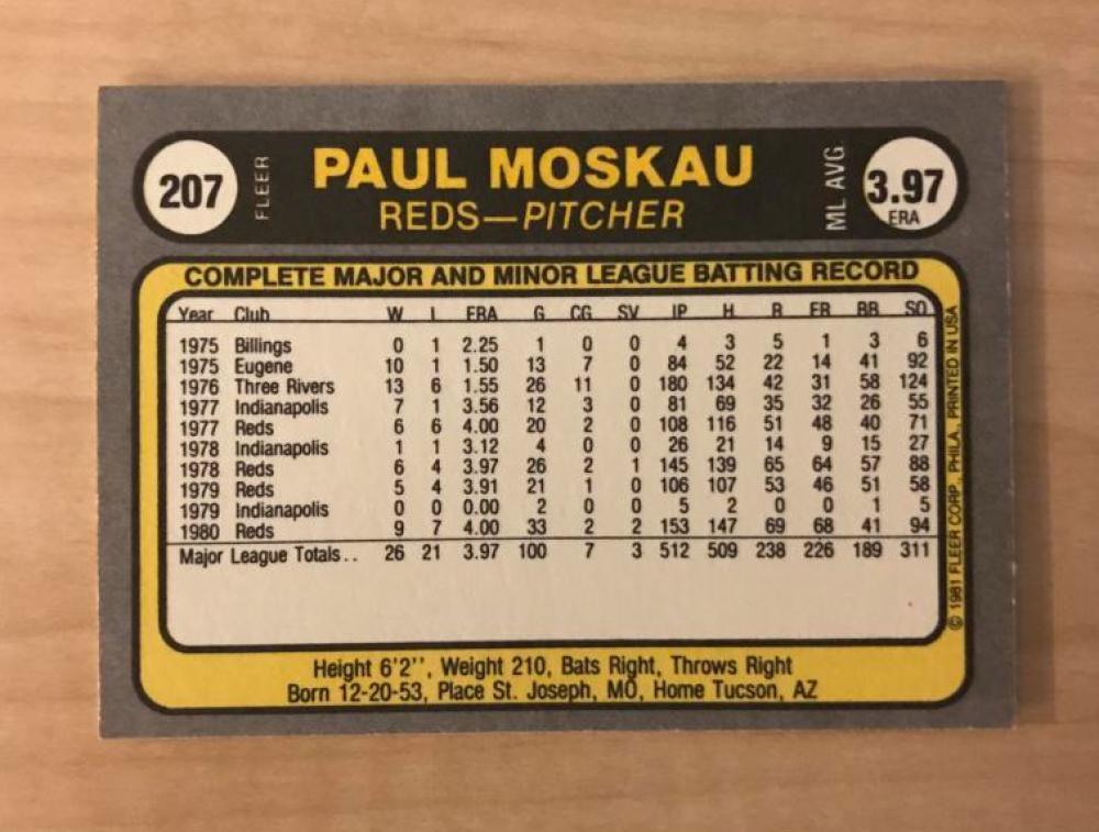 PAUL MOSKAU CINCINNATI REDS SIGNED AUTOGRAPHED 1981 FLEER CARD #207 W/COA