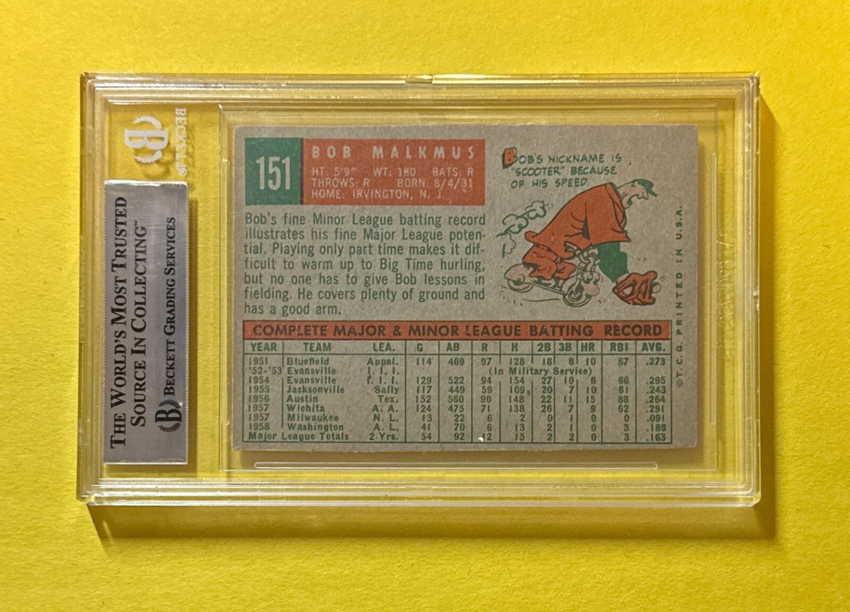1959 TOPPS BOBBY MALKMUS #151 BECKETT AUTHENTIC SIGNED AUTOGRAPHED CARD SENATORS