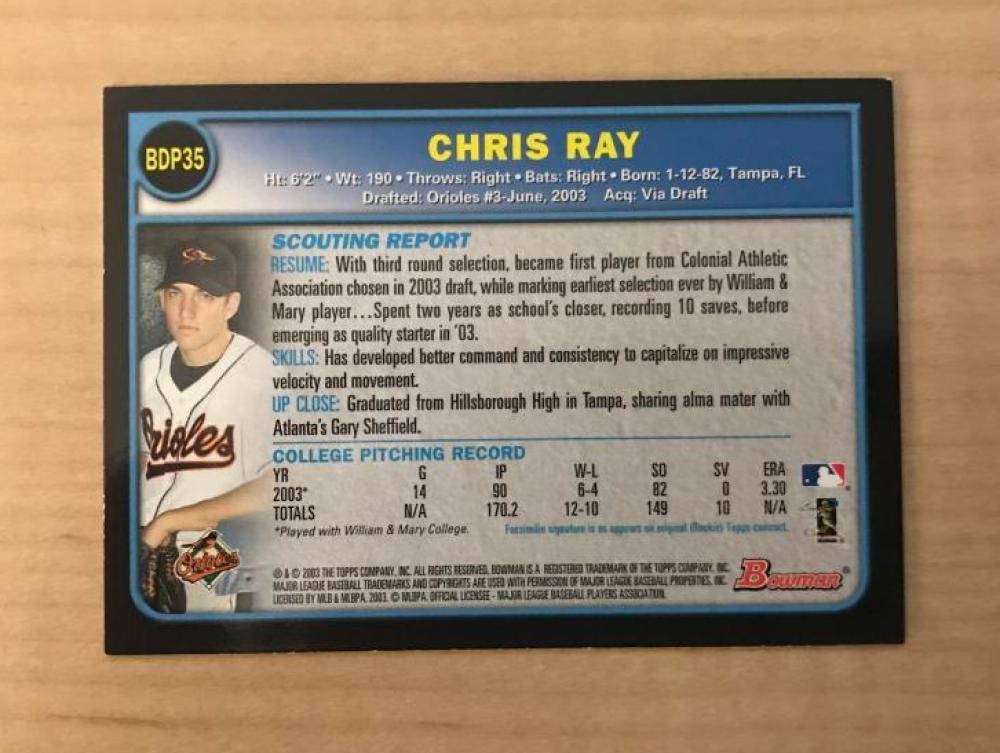 CHRIS RAY BALTIMORE ORIOLES SIGNED AUTOGRAPHED 2004 BOWMAN CARD #BDP35 W/COA 