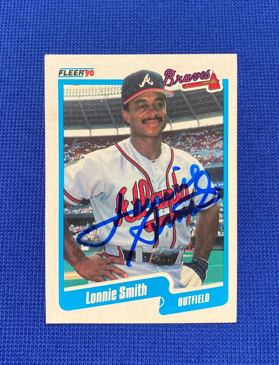 1990 FLEER LONNIE SMITH ATLANTA BRAVES SIGNED AUTOGRAPHED AUTO CARD #593 W/COA