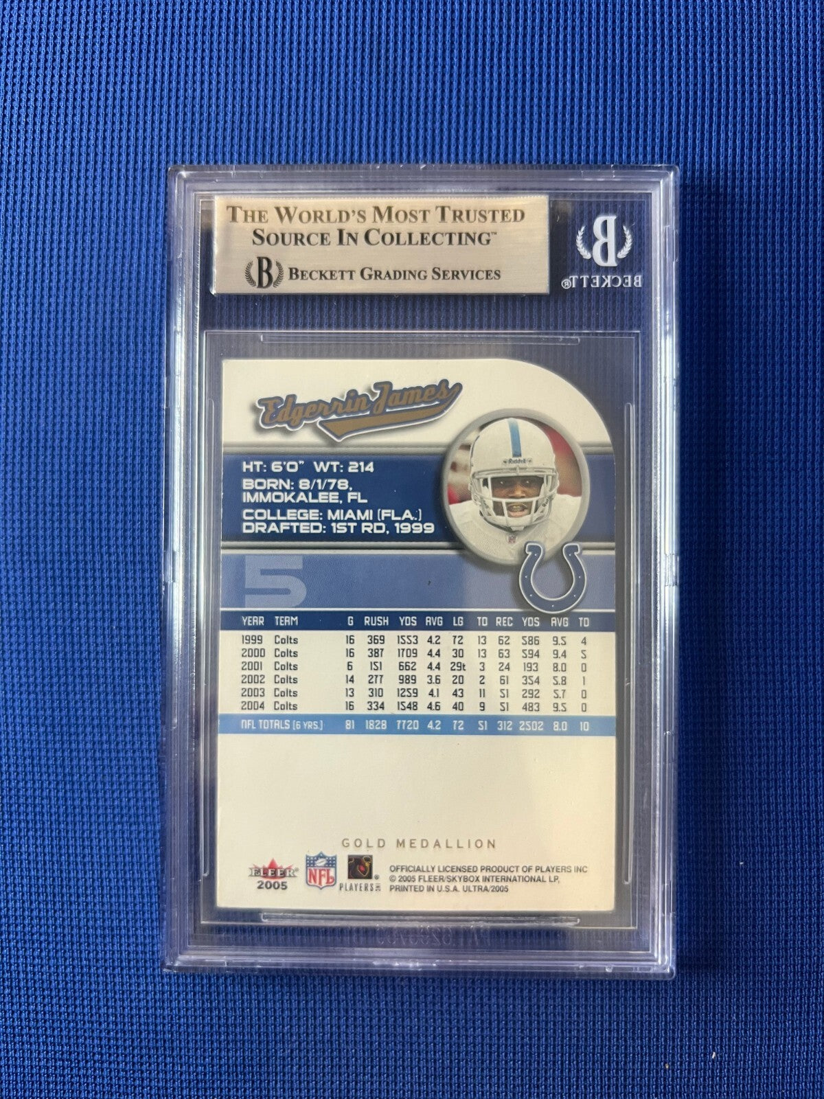 2005 ULTRA EDGERRIN JAMES COLTS GOLD MEDALLION SIGNED AUTOGRAPHED #5 BECKETT