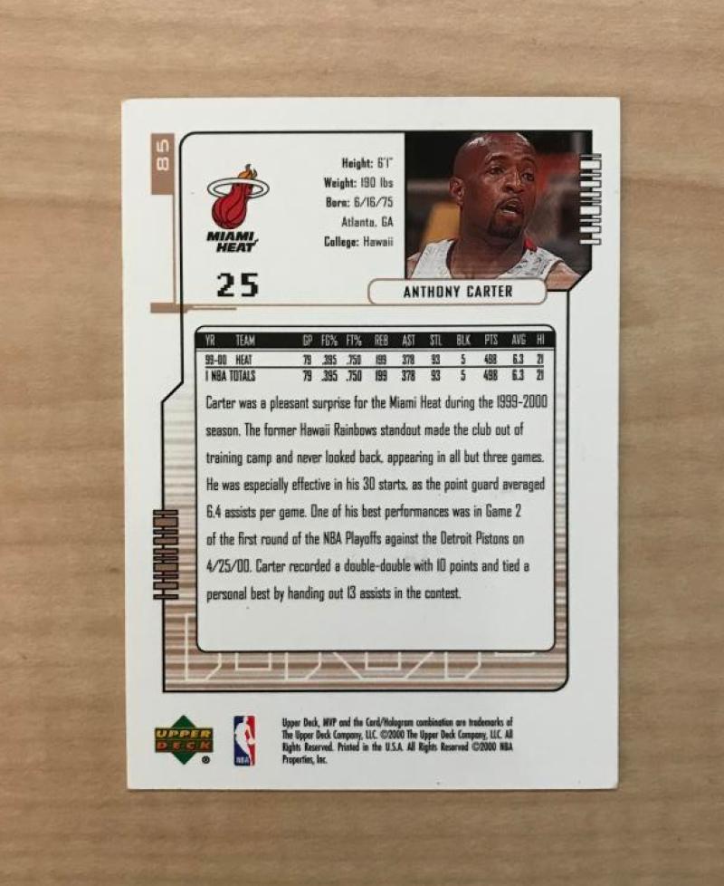ANTHONY CARTER MIAMI HEAT SIGNED AUTOGRAPHED 00-01 UPPER DECK CARD #85 W/COA 