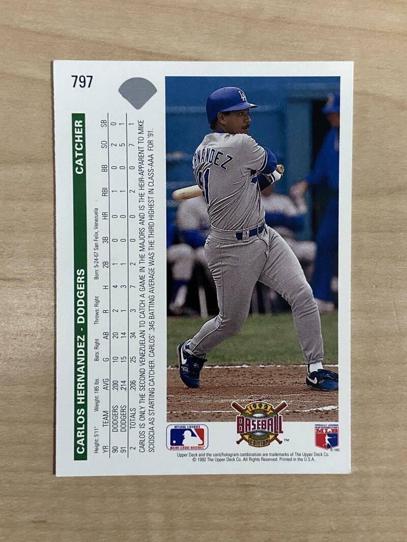 CARLOS HERNANDEZ LOS ANGELES DODGERS SIGNED 1992 UPPER DECK CARD #797 W/COA