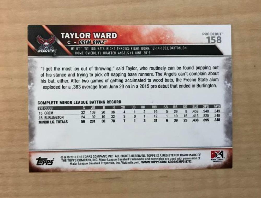 TAYLOR WARD OREM OWIZ SIGNED AUTOGRAPHED 2016 TOPPS PRO DEBUT CARD #158 W/COA