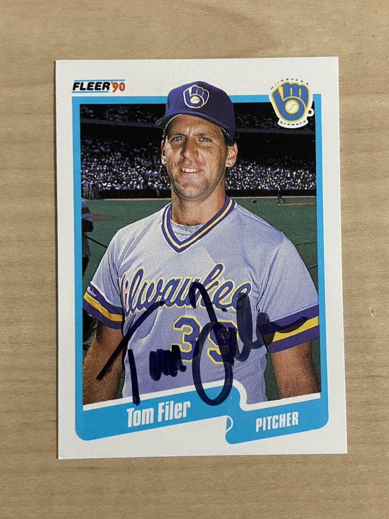 TOM FILER MILWAUKEE BREWERS SIGNED AUTOGRAPHED 1990 FLEER CARD #322 W/COA