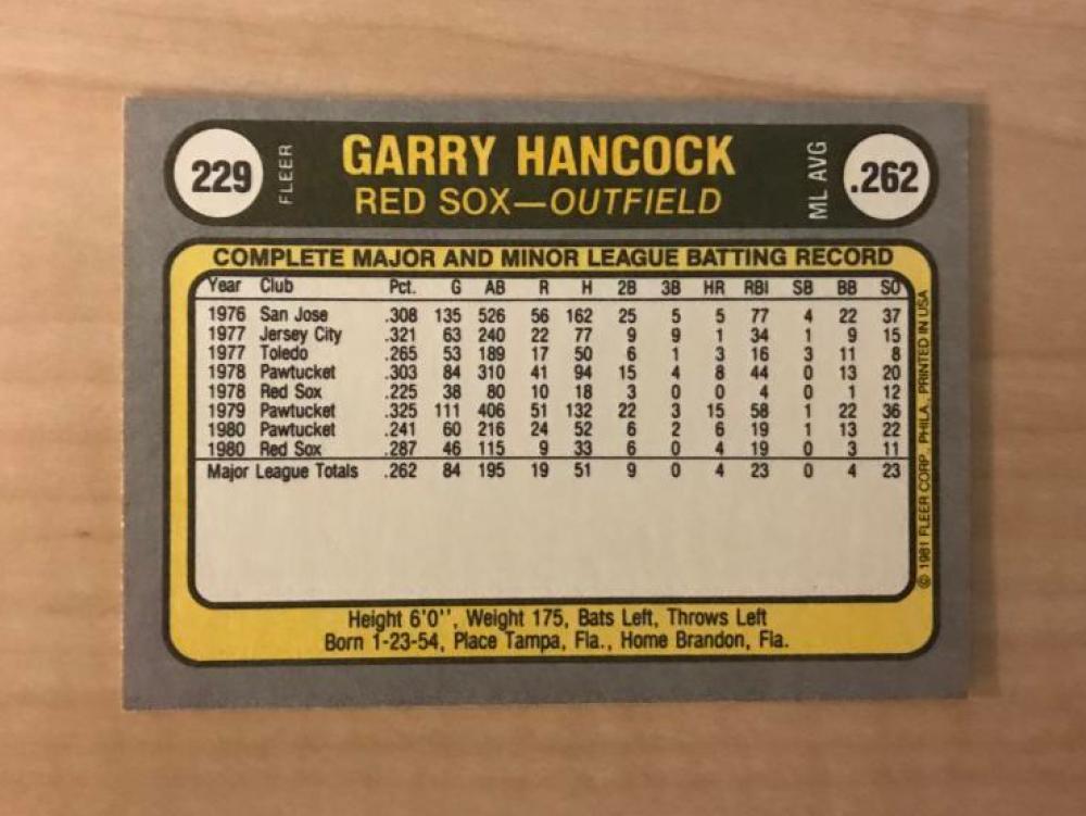 GARRY HANCOCK BOSTON RED SOX SIGNED AUTOGRAPHED 1981 FLEER CARD #229 W/COA