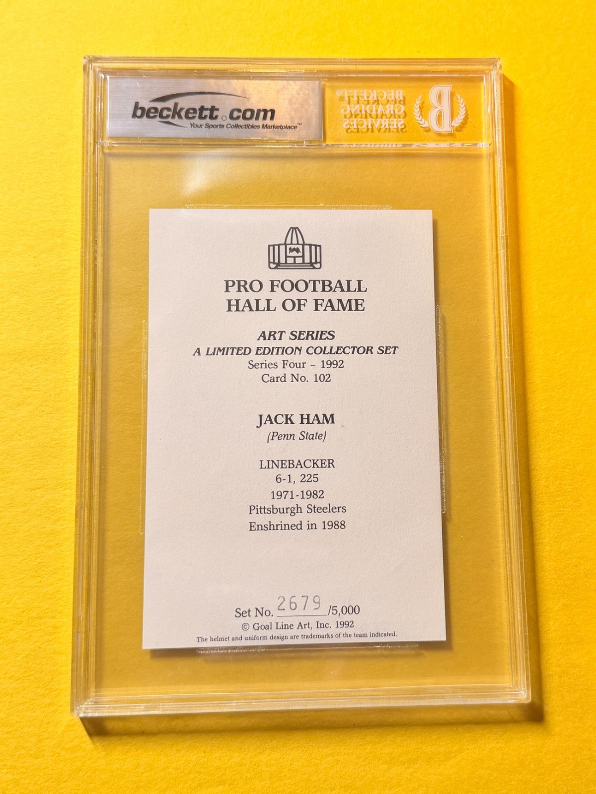 1989 GOAL LINE HOF JACK HAM #102 SIGNED ART BECKETT AUTHENTIC 10 "HOF 88"