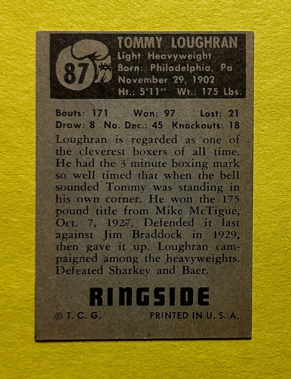 1951 TOPPS RINGSIDE TOMMIE LOUGHRAN #87 BOXING