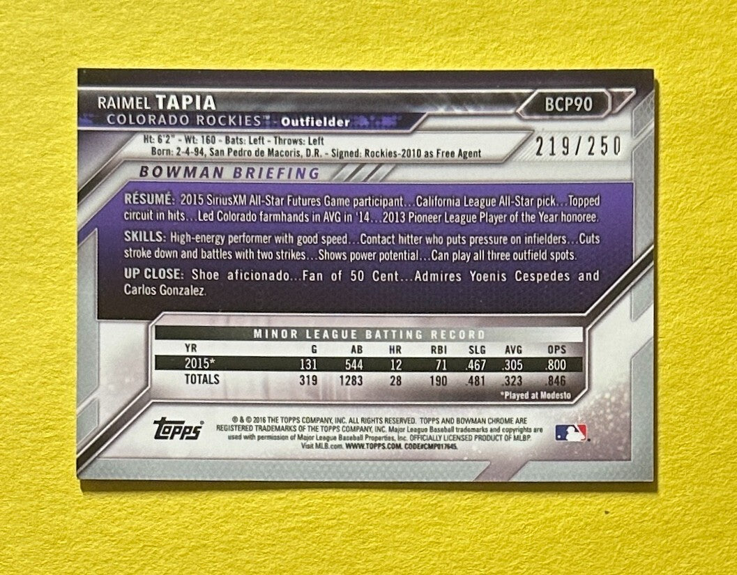 2016 BOWMAN CHROME RAIMEL TAPIA PURPLE REFRACTOR /250 #BCP90 ROCKIES