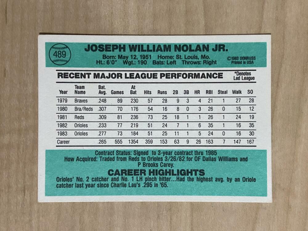 JOE NOLAN BALTIMORE ORIOLES SIGNED AUTOGRAPHED 1984 DONRUSS CARD #489 W/COA
