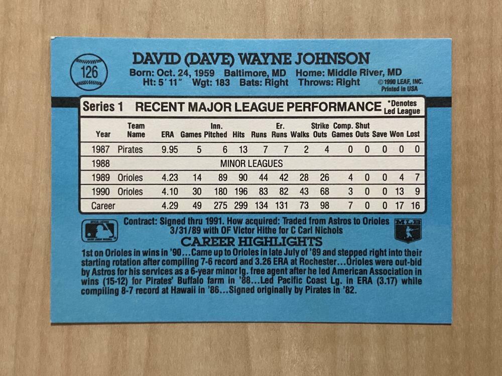DAVE JOHNSON BALTIMORE ORIOLES SIGNED 1991 DONRUSS SERIES 1 CARD #126 W/COA