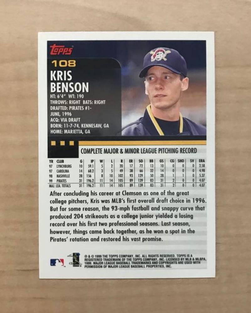 KRIS BENSON PITTSBURGH PIRATES SIGNED AUTOGRAPHED 2000 TOPPS CARD #108 W/COA 