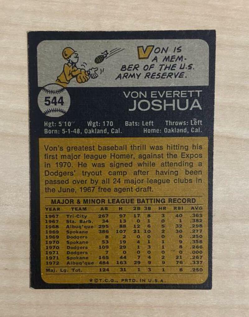 VON JOSHUA LOS ANGELES DODGERS SIGNED AUTOGRAPHED 1973 TOPPS CARD #544 W/COA