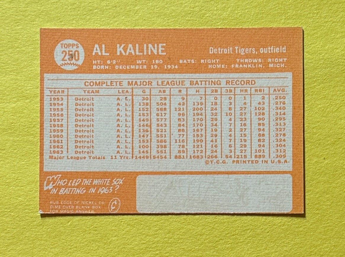 1964 TOPPS AL KALINE #250 TIGERS HOF