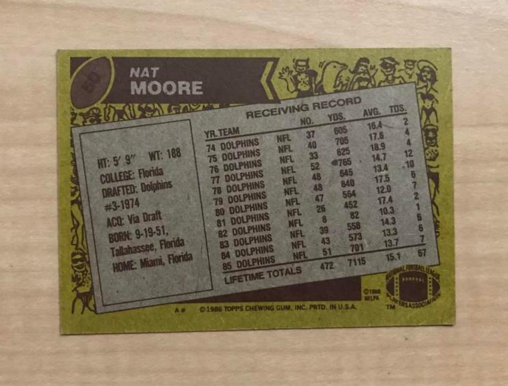 NAT MOORE MIAMI DOLPHINS SIGNED AUTOGRAPHED 1986 TOPPS CARD #50 W/COA