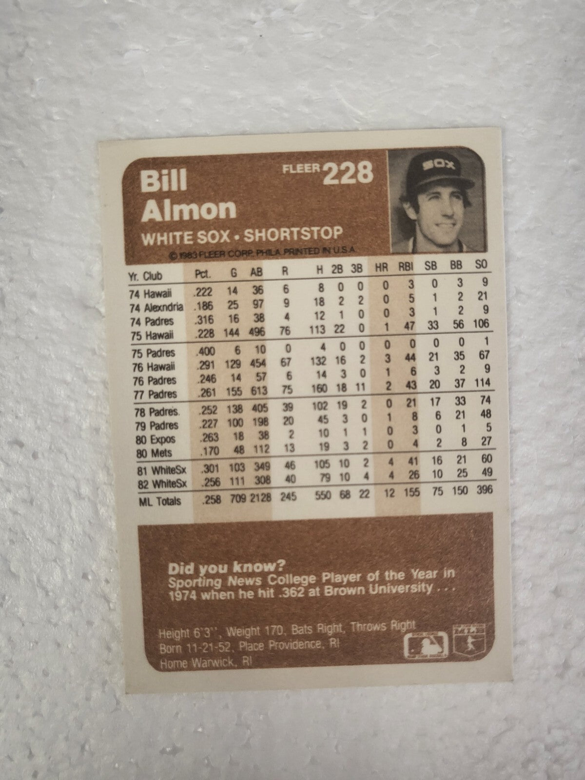 1983 FLEER BILL ALMON CHICAGO WHITE SOX SIGNED AUTO CARD #228 W/COA