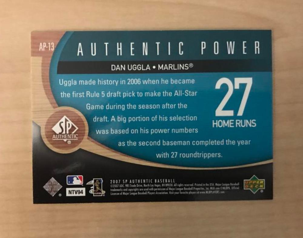 DAN UGGLA FLORIDA MARLINS SIGNED AUTOGRAPHED 2007 UPPER DECK SP CARD#AP-13 W/COA