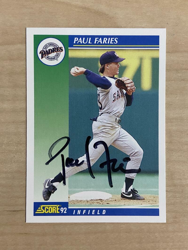 PAUL FARIES SAN DIEGO PADRES SIGNED AUTOGRAPHED 1992 SCORE CARD #509 W/COA