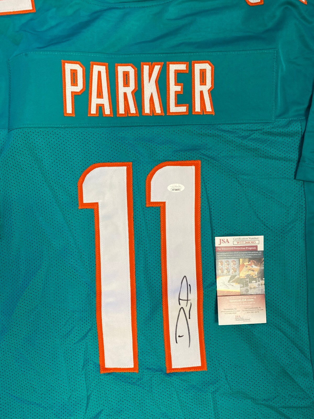 DEVANTE PARKER MIAMI DOLPHINS SIGNED AUTOGRAPH CUSTOM TEAL JERSEY SZ XL JSA *
