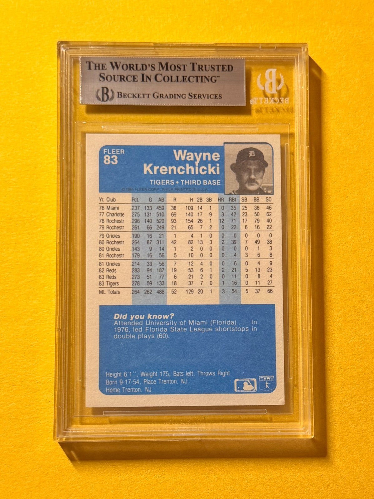 1984 FLEER WAYNE KRENCHICKI #83 SIGNED AUTO CARD BECKETT AUTHENTIC TIGERS
