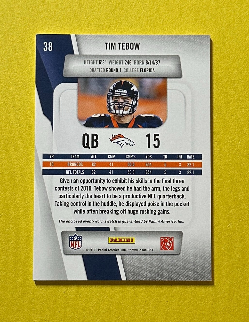 2011 PANINI PRESTIGE TIM TEBOW ROOKIE RELIC #38 BRONCOS