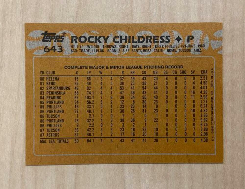 ROCKY CHILDRESS HOUSTON ASTROS SIGNED AUTOGRAPHED 1988 TOPPS CARD #643 W/COA