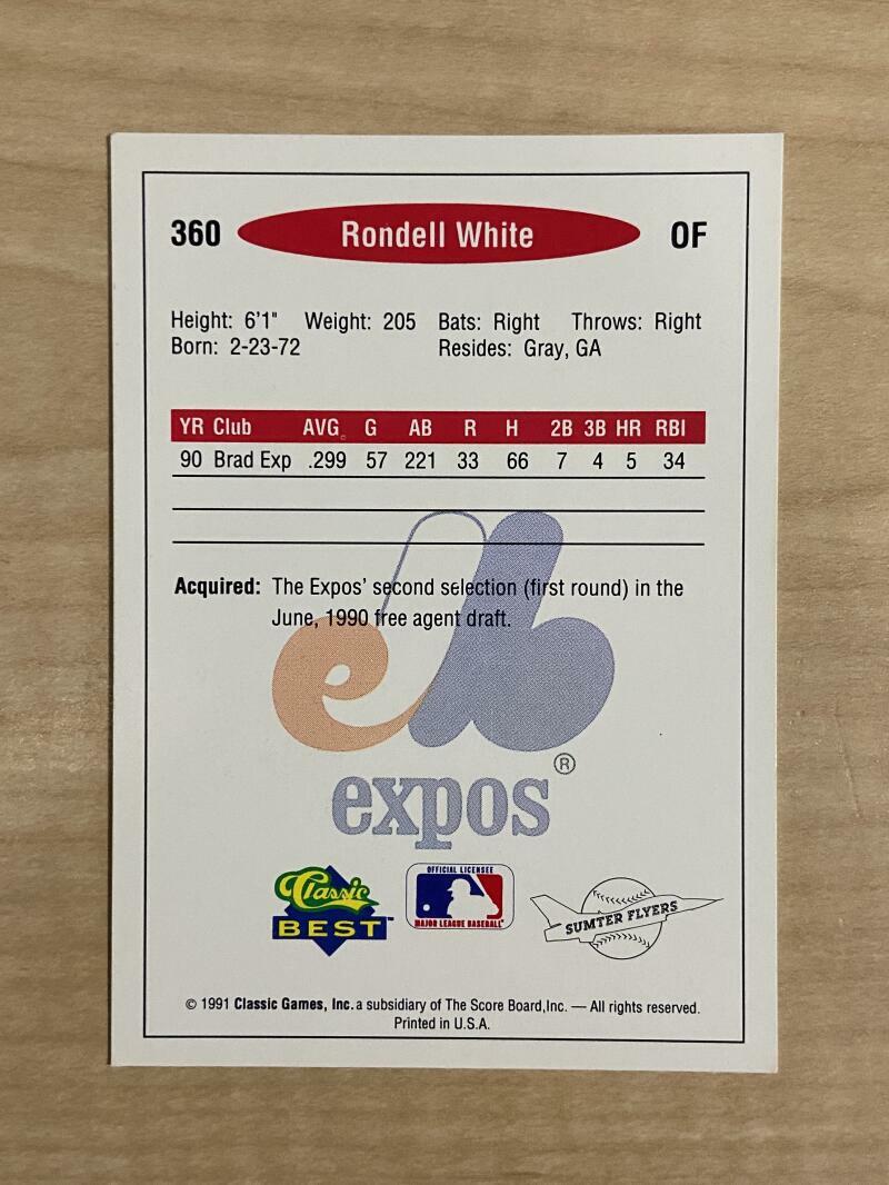 RONDELL WHITE SUMTER FLYERS SIGNED AUTOGRAPHED 1991 CLASSIC CARD #360 W/COA