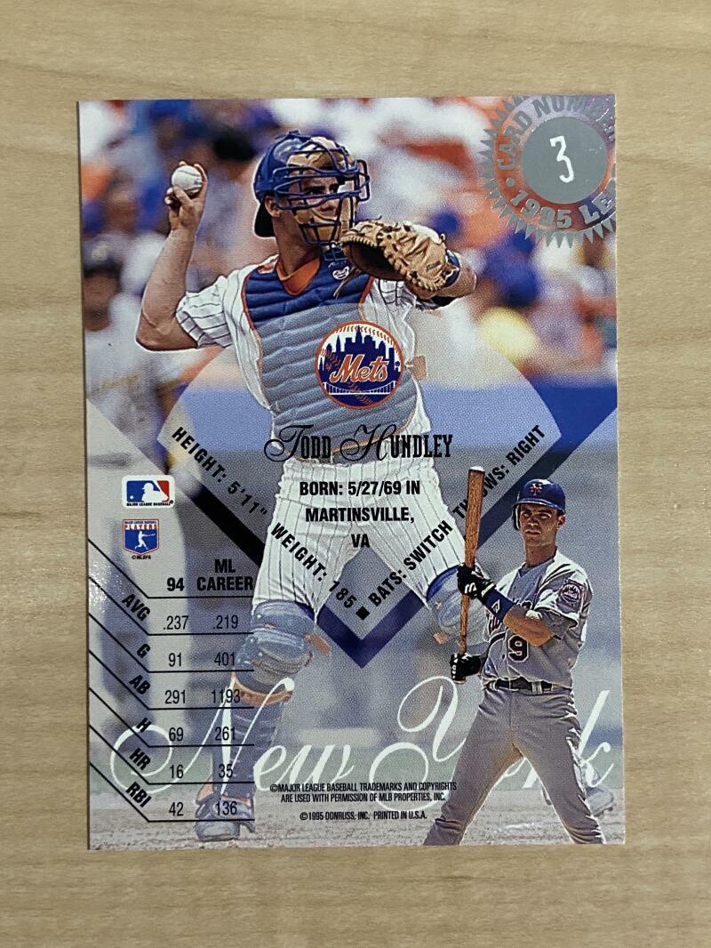 TODD HUNDLEY NEW YORK METS SIGNED AUTOGRAPHED 1995 LEAF CARD #3 W/COA