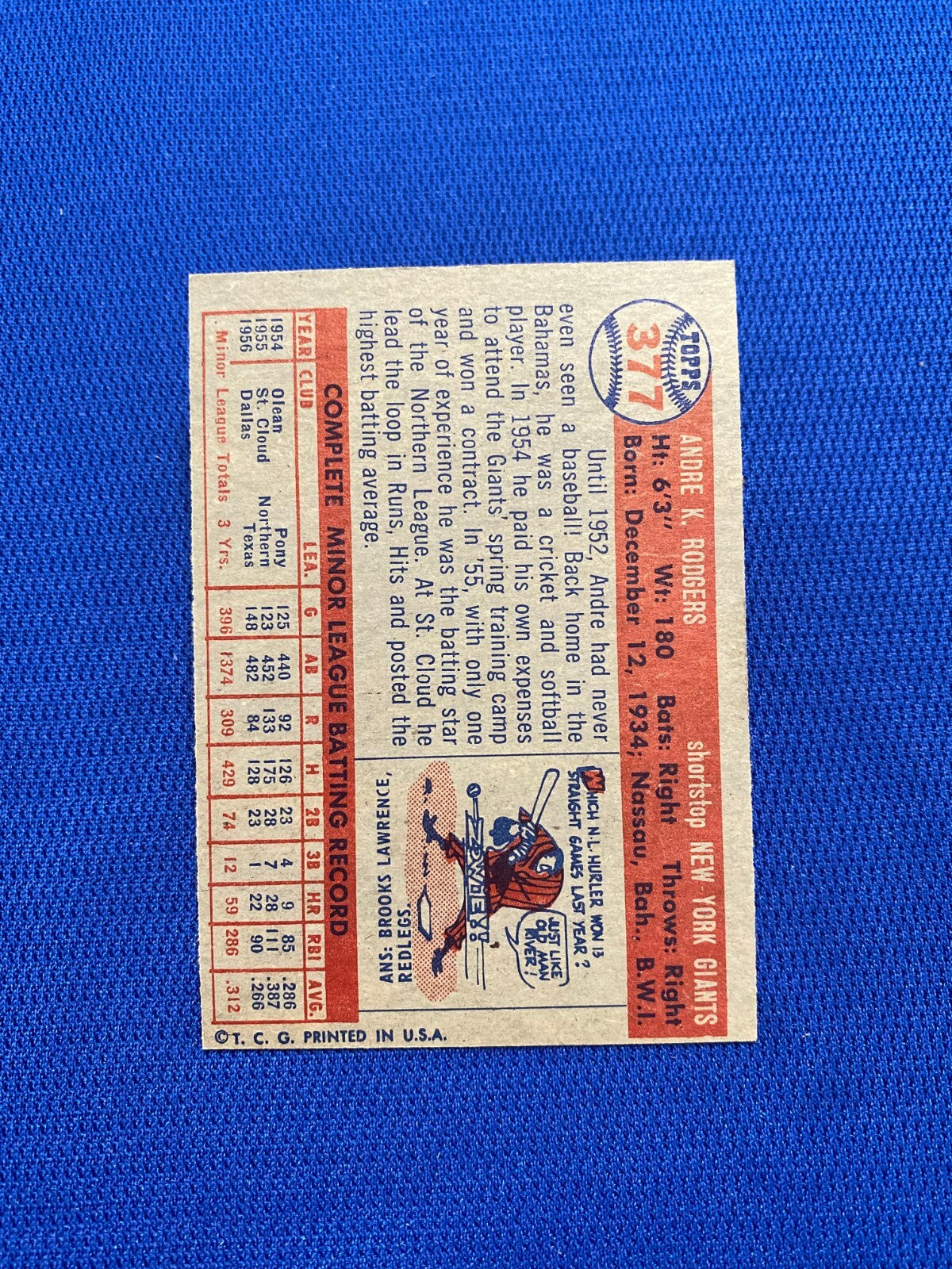 1957 TOPPS ANDRE RODGERS NEW YORK GIANTS #377 CARD VINTAGE SET-BREAK