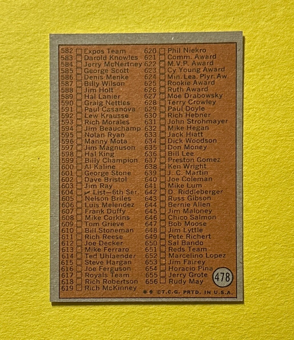 1972 TOPPS CHECKLIST 5TH SERIES #478