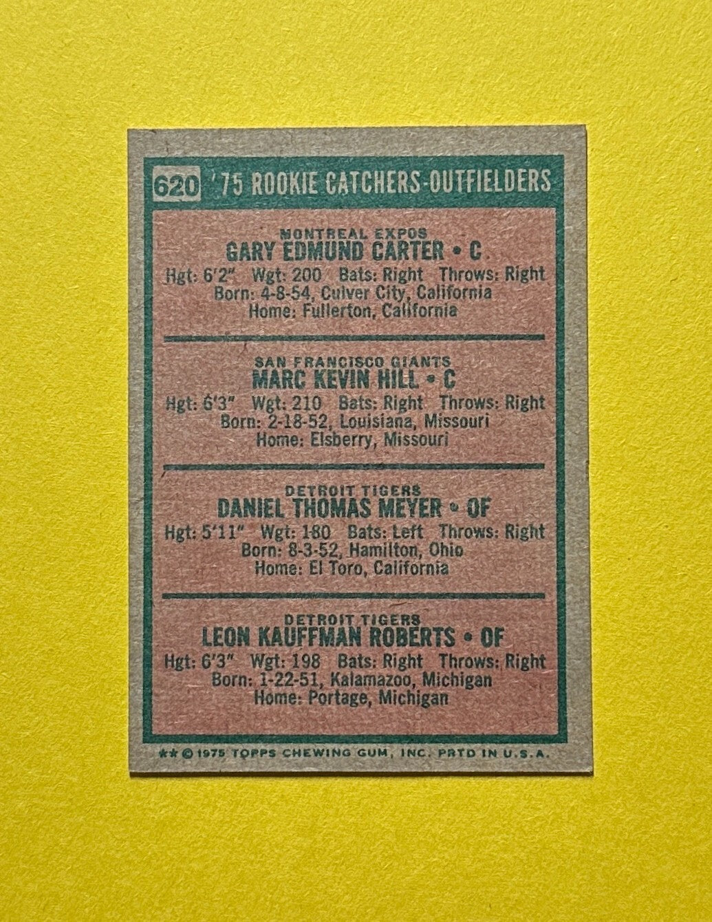 1975 TOPPS ROOKIE CATCHERS-OUTFIELDERS CARTER HILL MEYER ROBERTS #620