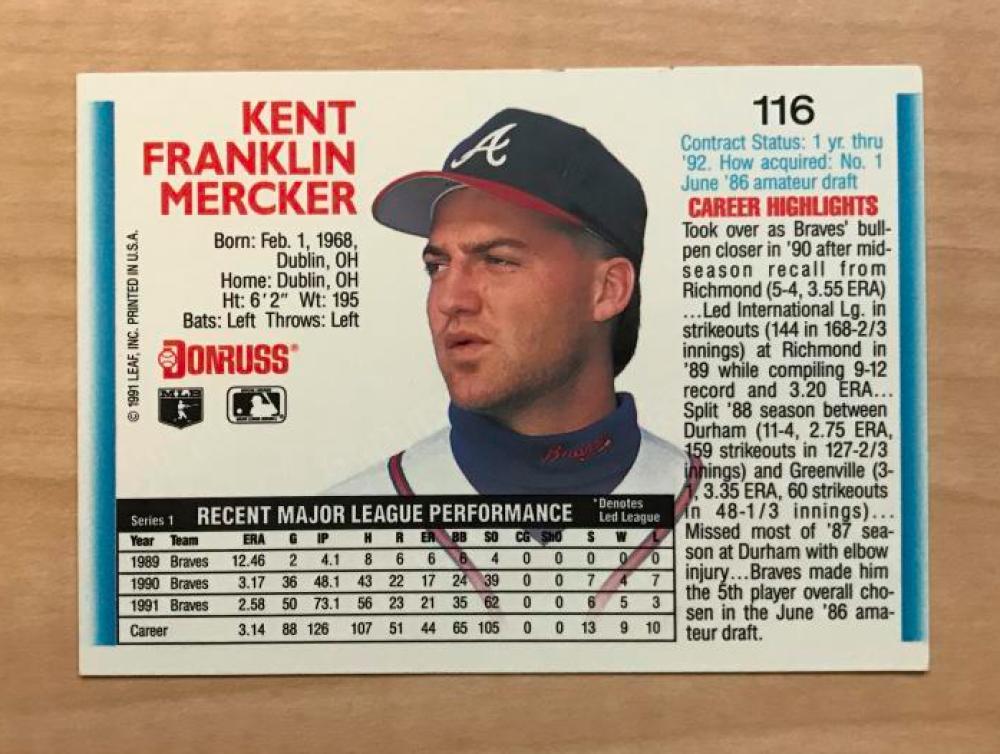 KENT MERCKER ATLANTA BRAVES SIGNED AUTOGRAPHED 1992 DONRUSS CARD #116 W/COA 