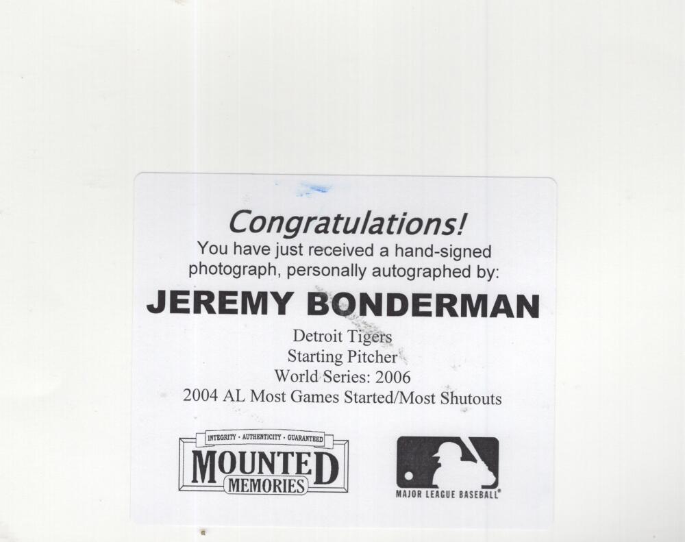 JEREMY BONDERMAN TIGERS  SIGNED AUTOGRAPHED 8X10 PHOTO MM W/ COA