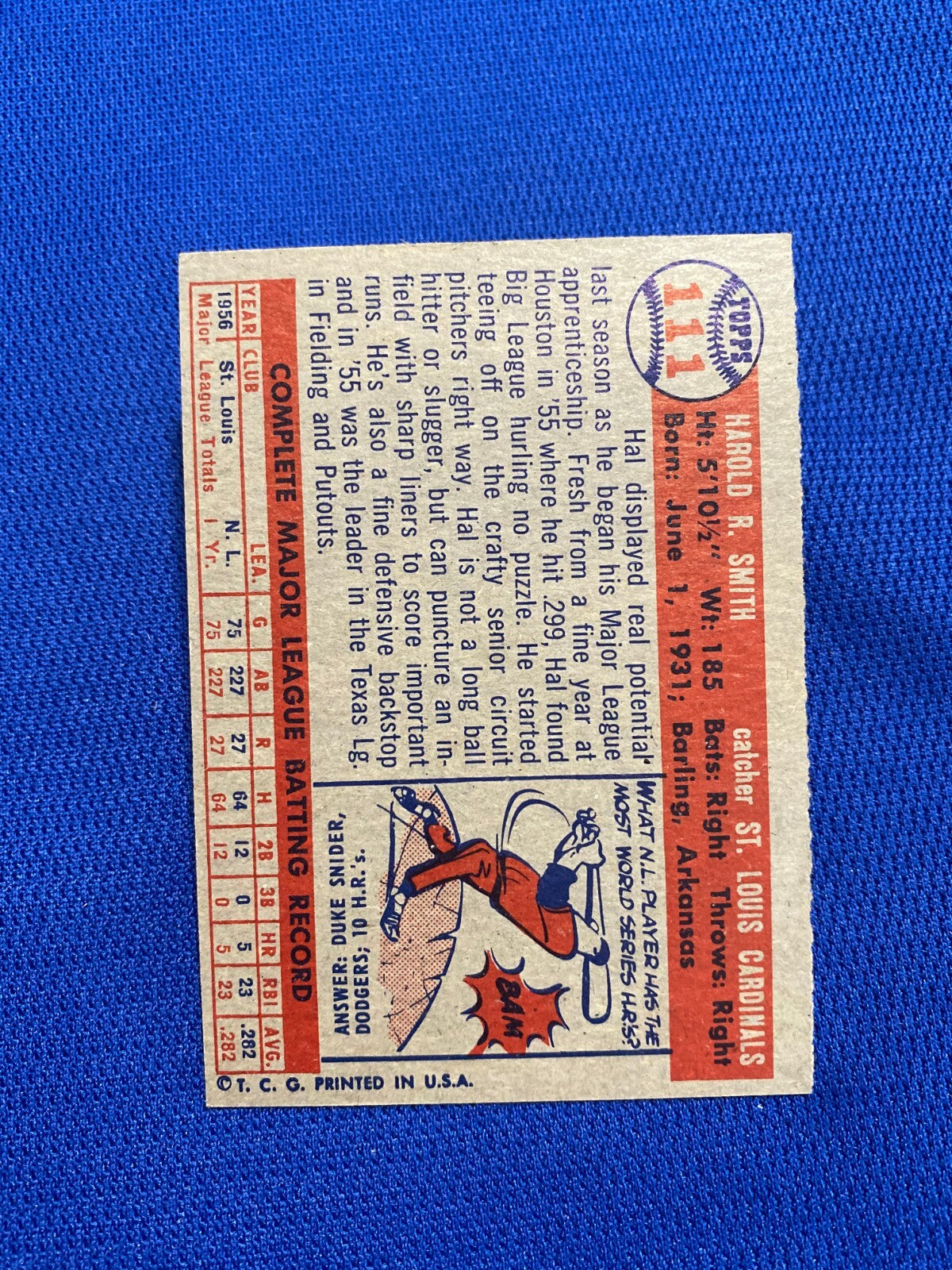 1957 TOPPS HAL SMITH ST. LOUIS CARDINALS #111 CARD VINTAGE SET-BREAK