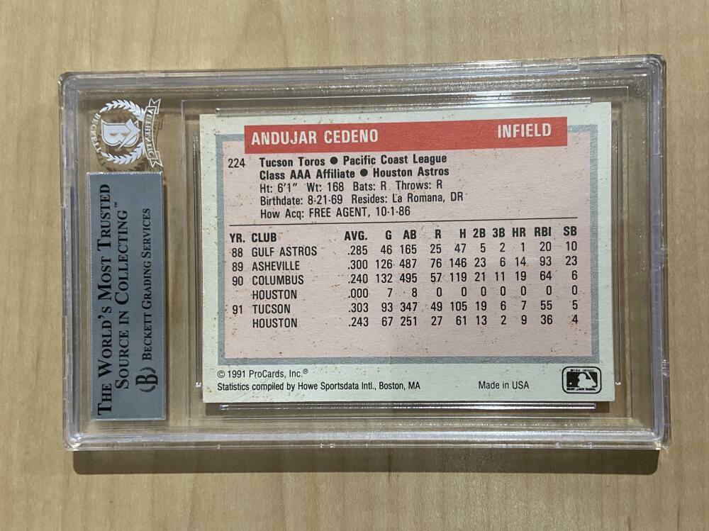 1991-92 PROCARDS ANDUJAR CEDENO TOROS AUTHENTIC AUTOGRAPH BECKETT CERTIFIED 