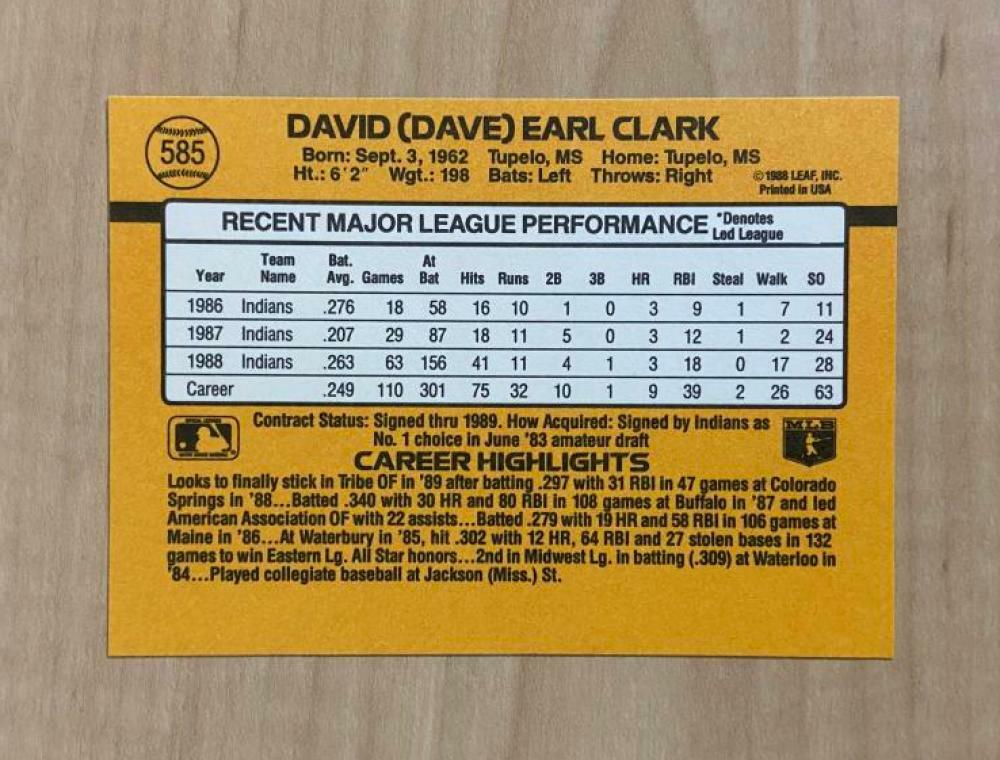 DAVE CLARK CLEVELAND INDIANS SIGNED AUTOGRAPHED 1989 DONRUSS CARD #585 W/COA 