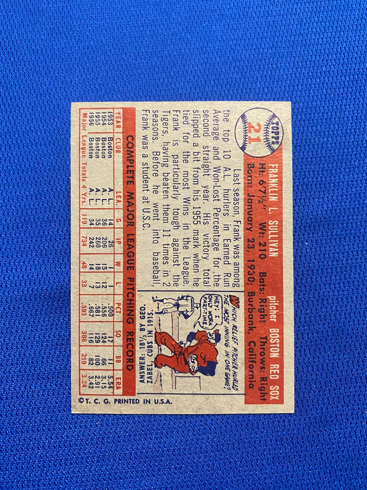 1957 TOPPS FRANK SULLIVAN BOSTON RED SOX #21 CARD VINTAGE SET-BREAK