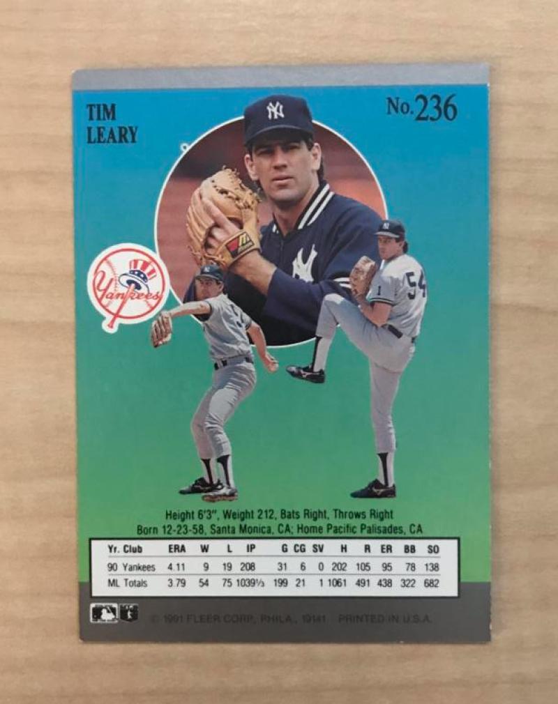 TIM LEARY NEW YORK YANKEES SIGNED AUTOGRAPHED 1991 FLEER CARD #236 W/COA